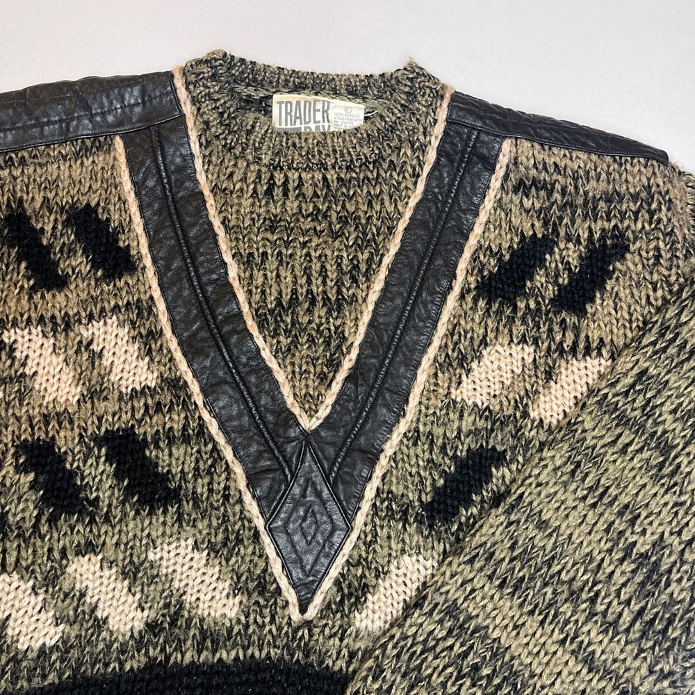 Vintage Trader Bay olive green and black knit and leather sweater Size L 80s